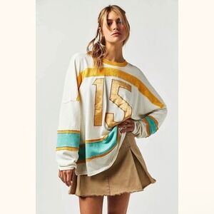 Free People We The Free Long Sleeve Sports Tee Tunic Top Blue Yellow Metallic XS